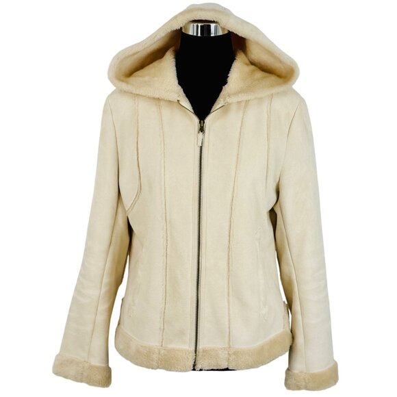 Vtg Y2K Hydraulic Hooded Cream Faux Suede & Fur Lined Penny Lane Coat | Boho Lg - Picture 3 of 16
